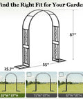 Diagram of Heavy Duty Metal Garden Arch With Enlarged Base For Stability Garden Trellis For Climbing Plants, showing dimensions.