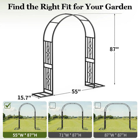 Diagram of Heavy Duty Metal Garden Arch With Enlarged Base For Stability Garden Trellis For Climbing Plants, showing dimensions.
