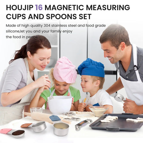 Family using Heavy Duty Magnetic Measuring Cups And Spoons Set In 304 Stainless Steel With Double Markings Pro Grade 16 Piece Kitchen Kit