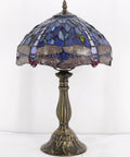 Tiffany Style Dragonfly Blue Stained Glass Table Lamp For Desk And Bedside Reading Light With Antique Green Bronze Base