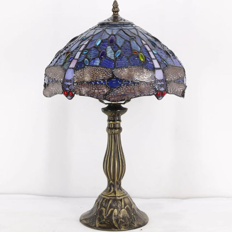 Tiffany Style Dragonfly Blue Stained Glass Table Lamp For Desk And Bedside Reading Light With Antique Green Bronze Base