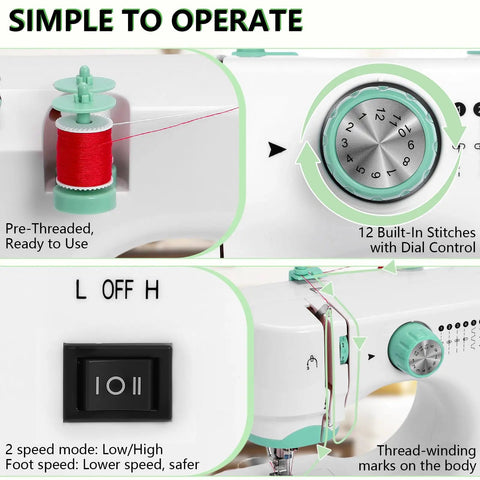 Beginner Friendly Portable Sewing Machine With Twin Needle And Reverse Stitching showing dial and threading instructions