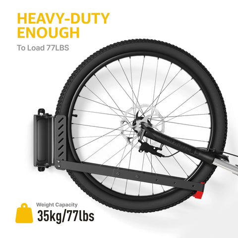 Swivel Bike Wall Mount No Heavy Lifting Required shown with bike wheel illustration, highlighting 77 lbs capacity.
