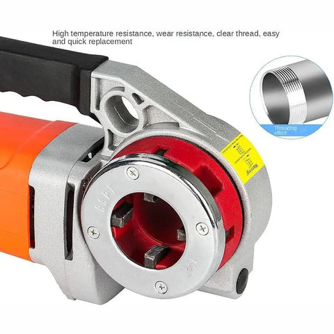 Close-up of the Tough As Nails Portable Electric Pipe Threader and Threading Machine with copper motor and threading head.