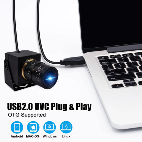 Pro Grade USB Camera 1080P Full HD 2MP connected to laptop for industrial machine vision, CS-mount lens, plug and play on multiple systems.