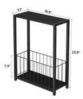 Slim End Table With Magazine Holder And Iron Storage Basket Quick Fix For Tight Squeeze And Tiny Pad Or Dorm Room Accent Furniture Solid Build And Easy Setup dimensions showing black wood top and iron frame