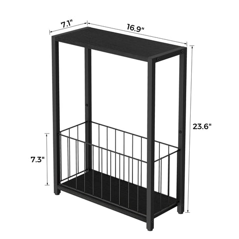 Slim End Table With Magazine Holder And Iron Storage Basket Quick Fix For Tight Squeeze And Tiny Pad Or Dorm Room Accent Furniture Solid Build And Easy Setup dimensions showing black wood top and iron frame