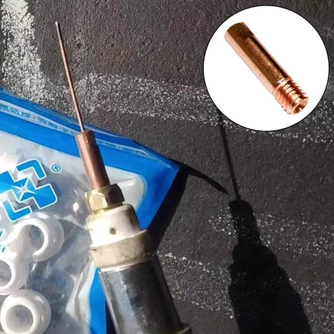 Premium 30 Pack Mig Welding Gun Copper Contact Tips In Three Sizes For Miller And Hobart M Series Guns Heat Resistant showing a copper tip on a welding gun.