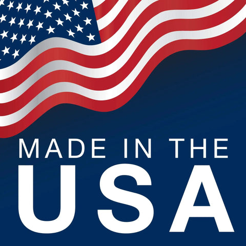 Made in the USA logo with waving American flag design in red and white across a blue background.