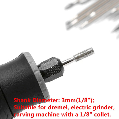 Diamond Engraving Bits Set 30 Pieces For Stone Carving Rotary Tool Burrs With One Eighth Inch Shank in drill showing fit