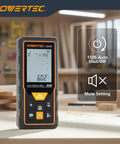 Straight Shooter Laser Measure 165 Ft Range Digital Distance Meter With Smart Angle Sensor And Bright Backlit Screen shown on a workshop table.