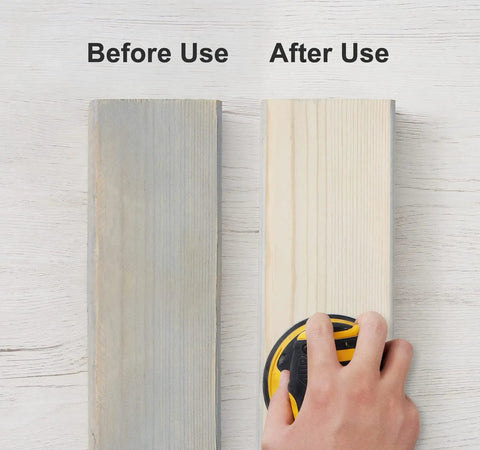 Before and after sanding with Heavy Duty 150 Pack 80 Grit Hook And Loop Sanding Discs 5 Inch 8 Hole Anti Clog Coating.