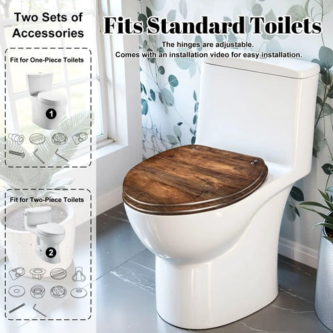 Generic Replacement Elongated Resin Toilet Seat for Home Use on standard toilet with wood grain finish.