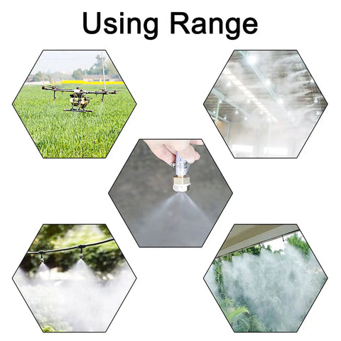 Collage showcasing Brass Misting Nozzles 0.15mm Orifice G 3/16 Inch Thread Atomizing Sprayer Nozzles in use for various applications.