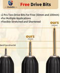 Close-up of 2 free Torx drive bits, 50mm and 100mm, included with 4 Inch Wood Screws 200 Piece Set for Deck and Fence Projects.
