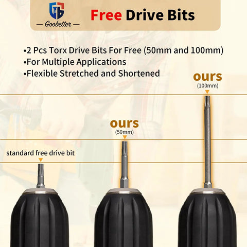 Close-up of 2 free Torx drive bits, 50mm and 100mm, included with 4 Inch Wood Screws 200 Piece Set for Deck and Fence Projects.