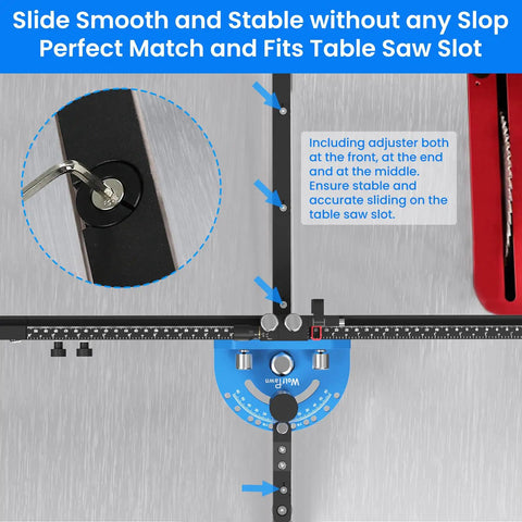 Top Shelf Table Saw Miter Gauge With Dead On Micro Adjustable Flip Stop, Extended Track Fence, Quick Angle Lock, Killer Precision For Woodworking Crosscuts And Joinery, close-up view of adjustment knobs and locking mechanism.
