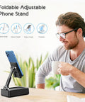 Man using Foldable Phone Stand With Bluetooth Speaker And Built In Charging Station 3 In 1 Desk Gadget For Streaming And Calls And Travel