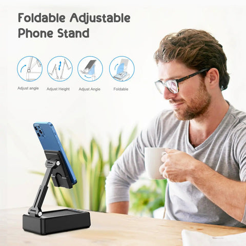 Man using Foldable Phone Stand With Bluetooth Speaker And Built In Charging Station 3 In 1 Desk Gadget For Streaming And Calls And Travel