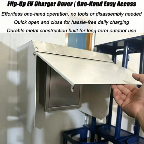 Heavy Duty Universal EV Charger Cover Built Like A Tank With Flip Up Lid Weatherproof Rain Snow UV Shield For Electric Vehicle Wall Mount Protector Shields Your Ride From Frostbite, showing one-hand operation with durable metal lid.