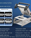 Top Notch Manual Food Sealing Machine For Sandwich Trays And Takeaway Boxes Delivers Fast Eight Seals Per Minute With Adjustable Heat Control, showing stainless steel design and box compatibility.