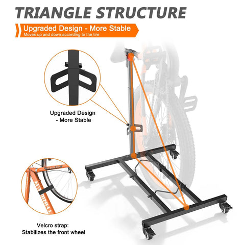 Freestanding Vertical Bike Stand for Indoor Storage with triangle structure and adjustable height for wheels up to 29 inches