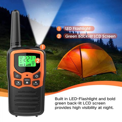 Long Range Walkie Talkies For Adults 2 Pack With 22 FRS Channels 99 CTCSS Privacy Tones VOX LCD Display And LED Flashlight For Hiking Camping And Family Backcountry Adventures Orange with LED flashlight and LCD screen next to an illuminated tent at night outdoors.