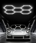 Car under Hexagon LED Garage Light 168W 18480LM 5-Grid Honeycomb Lighting System 6500K Daylight Ultra Bright Ceiling Light