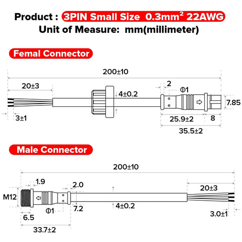 Detailed diagram of 3 Pin Electrical Connector Kit 22AWG IP65 Waterproof Male And Female Plug And Play Extension Cables with measurements.