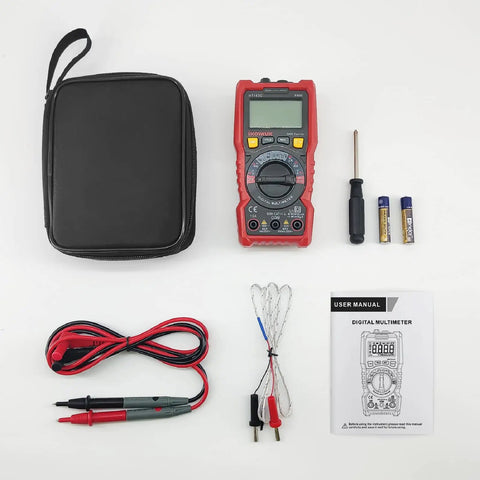 DIY Ready Pro Grade TRMS 6000 Counts Digital Multimeter With Auto Ranging NCV Capability with accessories displayed.