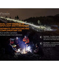 Campers using HM65R Dual Beam Headlamp With USB C Rechargeable 1400 Lumen Output around a campfire at night showcasing spotlight and flood feature.