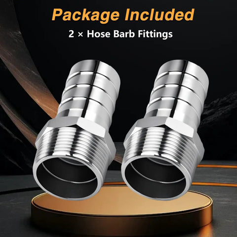 Two Pack Stainless Steel 1-1/4 Inch NPT Male Hose Barb Fittings Connectors For Water Air And Gas Lines, front view