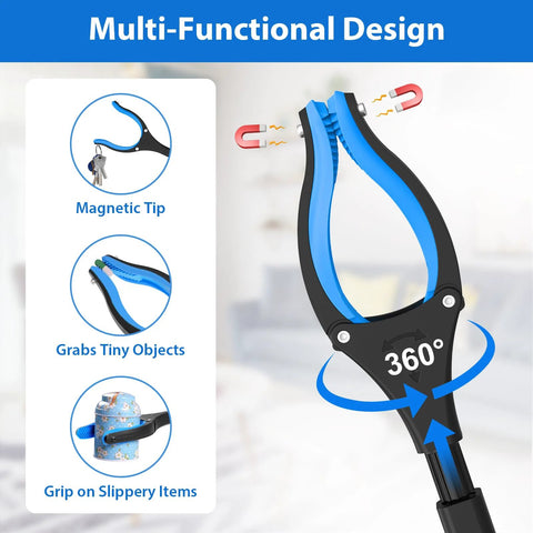 36-inch grabber reacher tool with foldable blue/black anti-slip grip, 360° rotating jaw, magnetic tip.