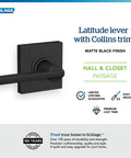 Latitude Collins Passage Lever For Interior Hall And Closet Matte Black Finish Ideal For 1 3/8 To 1 3/4 Inch Doors Right Or Left Swing