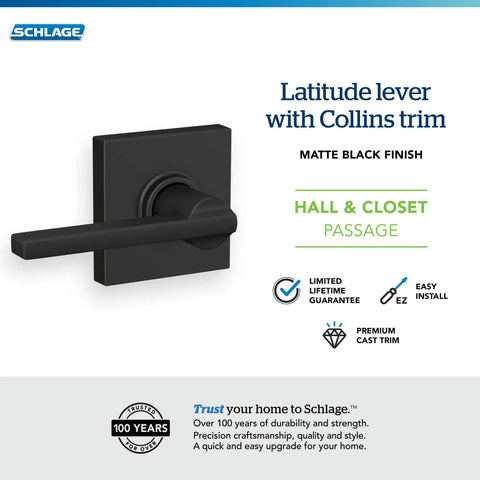 Latitude Collins Passage Lever For Interior Hall And Closet Matte Black Finish Ideal For 1 3/8 To 1 3/4 Inch Doors Right Or Left Swing