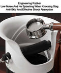 Heavy Duty Espresso Knock Box With Quick Release Drip Tray And Premium Barista Towel, showcasing durable engineering rubber, designed for quiet use.
