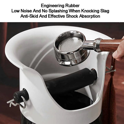 Heavy Duty Espresso Knock Box With Quick Release Drip Tray And Premium Barista Towel, showcasing durable engineering rubber, designed for quiet use.