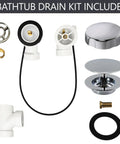 Heavy Duty Bathtub Drain Trim Kit Featuring Rotary Overflow Control Knob And Pop Up Stopper components, including pipes and stoppers.