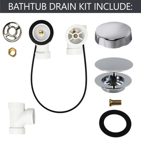 Heavy Duty Bathtub Drain Trim Kit Featuring Rotary Overflow Control Knob And Pop Up Stopper components, including pipes and stoppers.