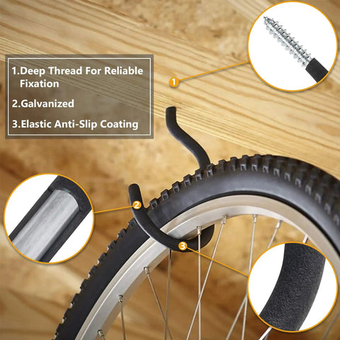 Close-up of heavy-duty bicycle hanger with deep threaded hook for garage wall or ceiling, holding bike wheel safely.