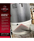 Vortex Cone Dust Collector With 30-Micron Bag Filter, 1.5 HP, 115/230V 1Ph unit showing filter and cone design technology