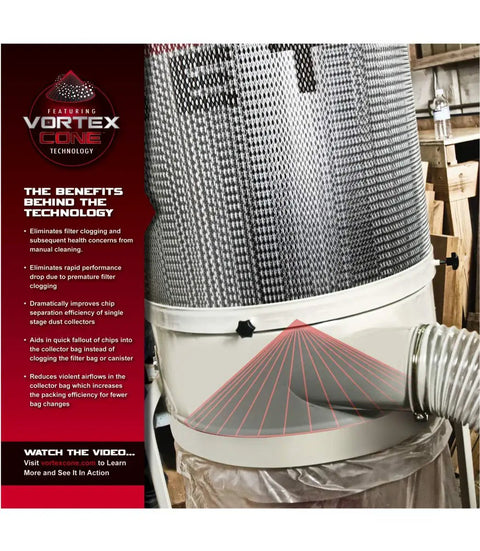 Vortex Cone Dust Collector With 30-Micron Bag Filter, 1.5 HP, 115/230V 1Ph unit showing filter and cone design technology