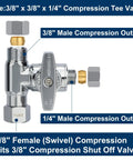 Add A Tee Brass Angle Stop Valve Three Eighths By Three Eighths By One Quarter Compression Tee For Fridge Ice Maker RO Systems Easy Install 3 Way Diverter Water Line Splitter For Water Filters, chrome brass 3/8x3/8x1/4 tee valve