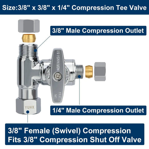 Add A Tee Brass Angle Stop Valve Three Eighths By Three Eighths By One Quarter Compression Tee For Fridge Ice Maker RO Systems Easy Install 3 Way Diverter Water Line Splitter For Water Filters, chrome brass 3/8x3/8x1/4 tee valve