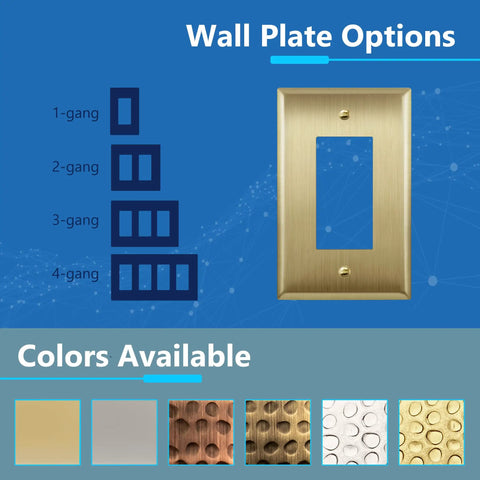 Brushed Brass Stainless Steel Wall Plate 1-Gang Outlet Cover All Metal Corrosion Resistant UL Listed options and colors
