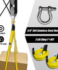 Upgraded Rope Hoist Pulley System 4400 Lbs Block And Tackle Kit showing stainless steel shackle and yellow lifting slings.