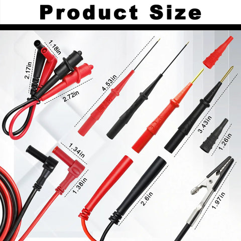 Deluxe Silicone Test Lead Kit for HVACR Multimeters With Alligator Clip Extensions Extended Reach Molex Probes high heat tolerance.