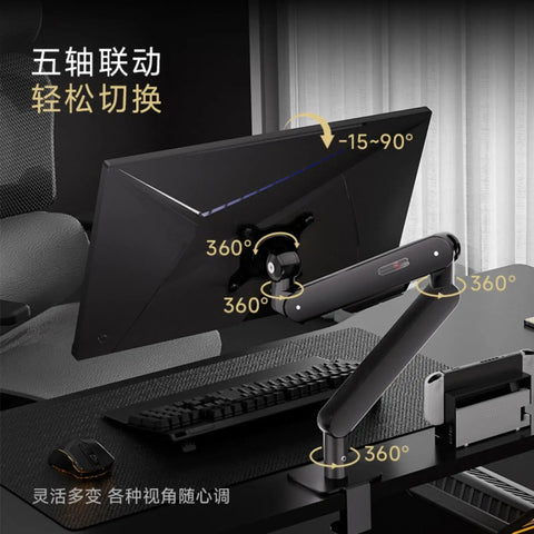 High Quality Height Adjustable Monitor Mount Stand With Smooth Glide Desk Arm Ergonomic Swivel Tilt showing 360-degree rotation features.