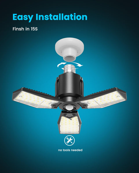 Motion Sensor Garage Light 80W 8000LM Deformable LED Shop Light with Remote and Wall Switch Dual Control shown uninstalled