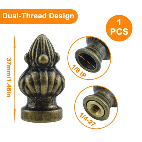 Antique Brass Lamp Finial Cap Knob With Dual Thread Screw For Lamp Shades Fits 3/8 Inch And 1/4-27 Threads Retro Style Top Decor, 1 pc